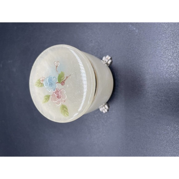 Vintage Genuine Alabaster Trinket Box Hand Carved In Italy Beautiful Floral - Picture 4 of 10